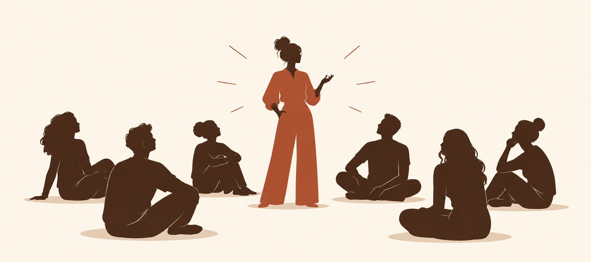 Editorial illustration of one standing figure holding the attention of a room of seated silhouettes