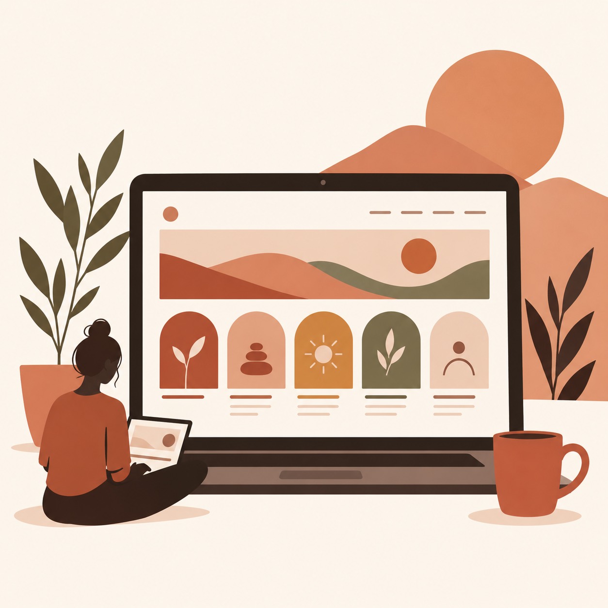 Editorial illustration representing the five leadership and coaching pillars of Lead & Coach