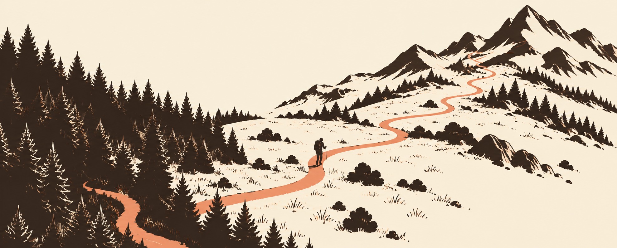 A lone hiker follows a winding trail across an alpine slope toward a distant peak, reading the terrain ahead